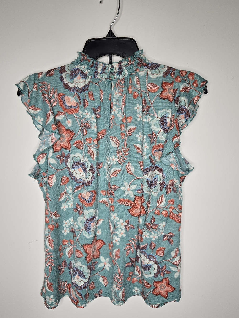 MELLODAY Teal Floral Smocked Ruffle Neck Flutter Sleeve Camisole - M - Picture 4 of 13